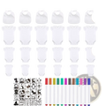Set of six white cotton baby onesies and bibs with 22 customizable stickers and twelve colorful marker pens for decorating