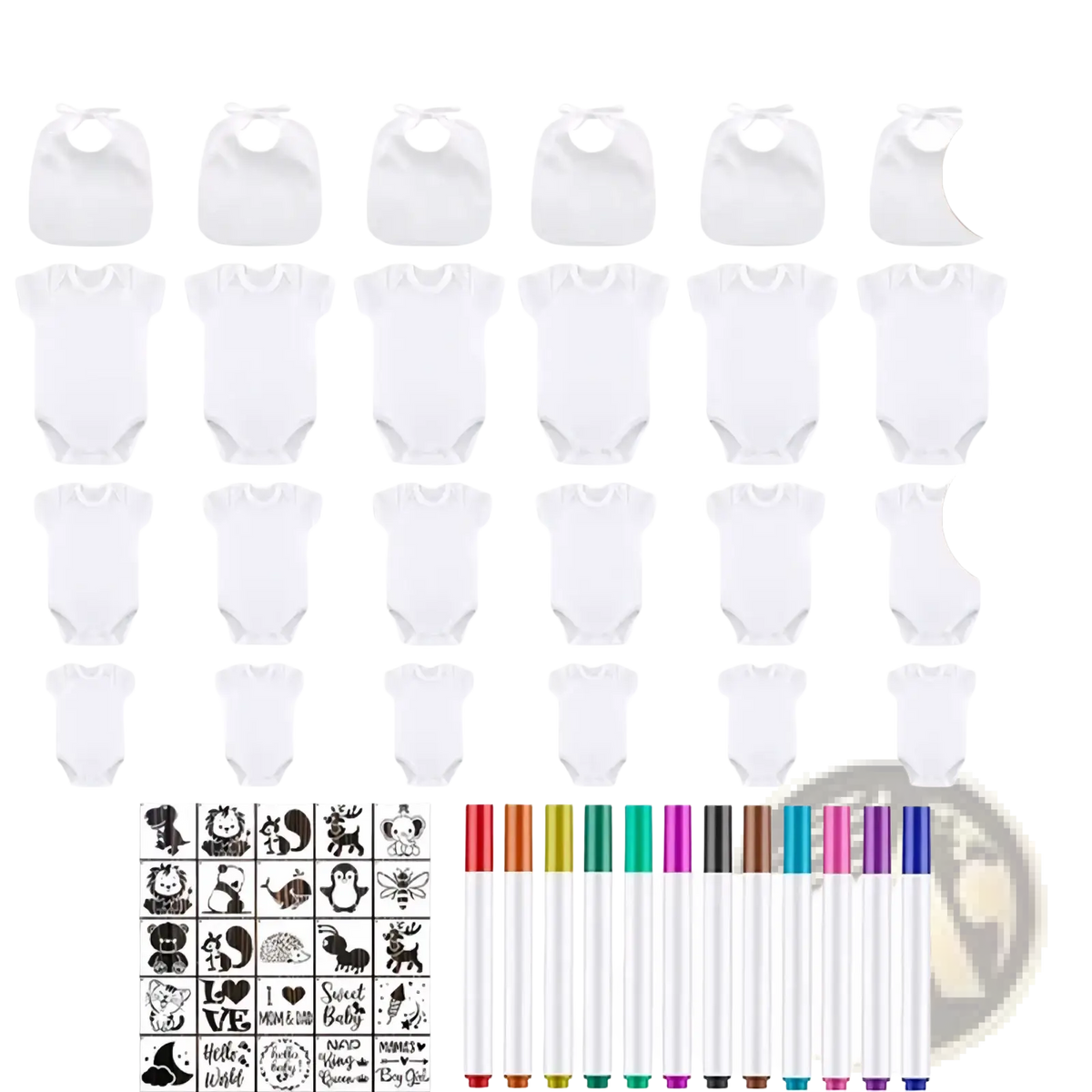 Set of six white cotton baby onesies and bibs with 22 customizable stickers and twelve colorful marker pens for decorating