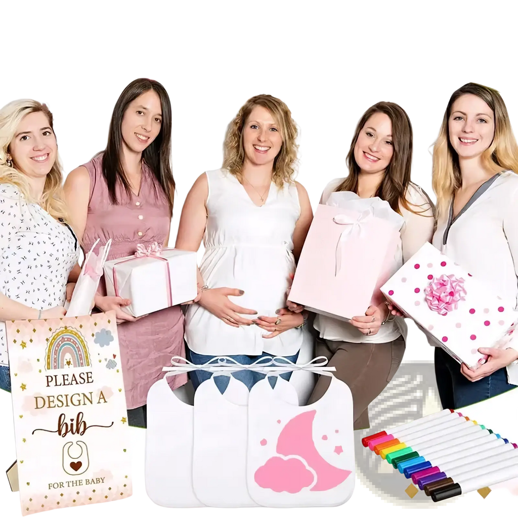 Pink and white baby shower bib set with cloud and moon design for diy decorating kit and bodysuit matching use