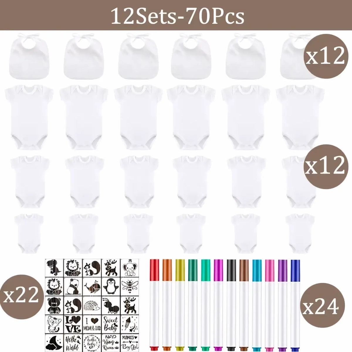 Set of 12 white baby cotton onesies and bibs with 22 animal stamps and 24 markers for diy decorating kit