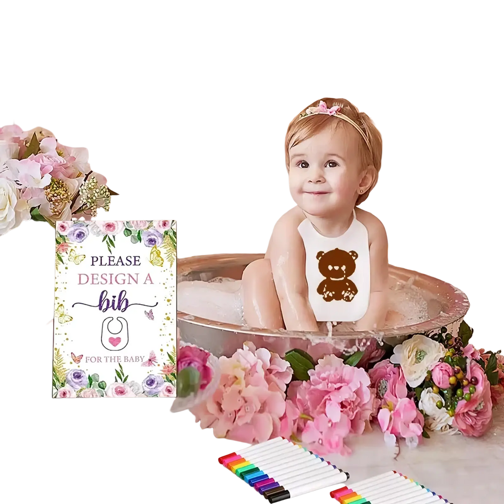 White cotton baby bib with brown teddy bear design worn by infant in bathtub from diy baby shower bib decorating kit