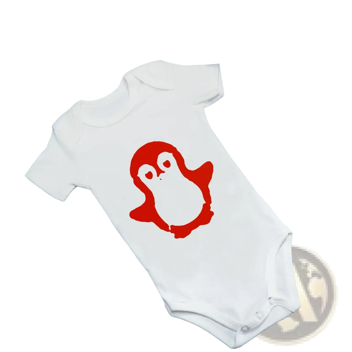 White baby onesie with a bold red penguin graphic included in a diy baby shower bib and bodysuit decorating kit
