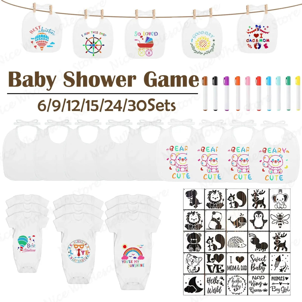 White baby onesies with colorful embroidered designs and phrases best adventure and so loved in diy baby shower decorating kit