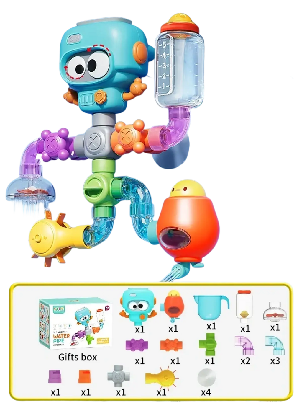 Diy bath pipe water toy with suction cups featuring a colorful robot design with turquoise head and orange limbs connected by tubes