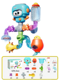 Diy bath pipe water toy with suction cups featuring a colorful robot design with turquoise head and orange limbs connected by tubes