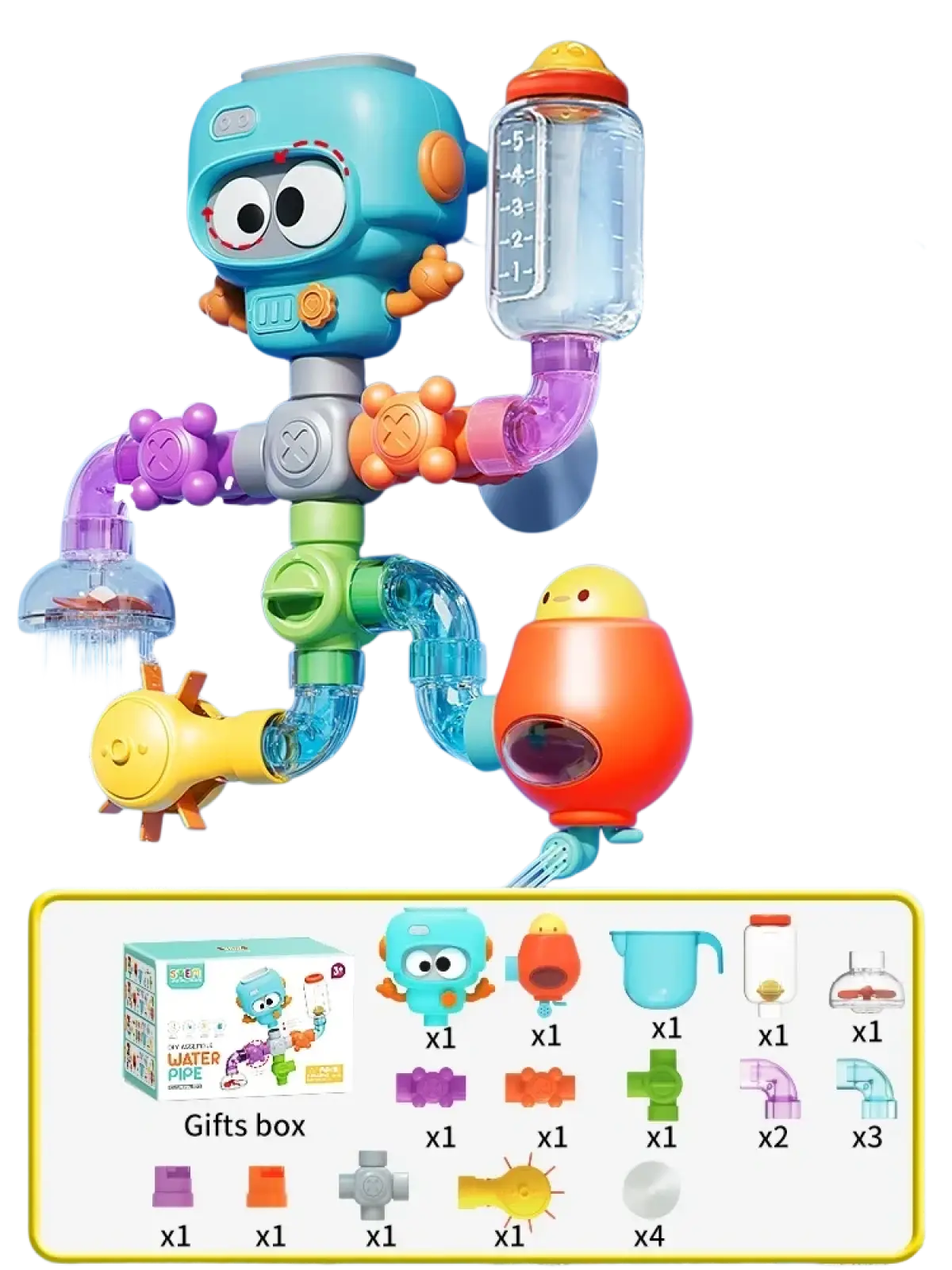 Diy bath pipe water toy with suction cups featuring a colorful robot design with turquoise head and orange limbs connected by tubes