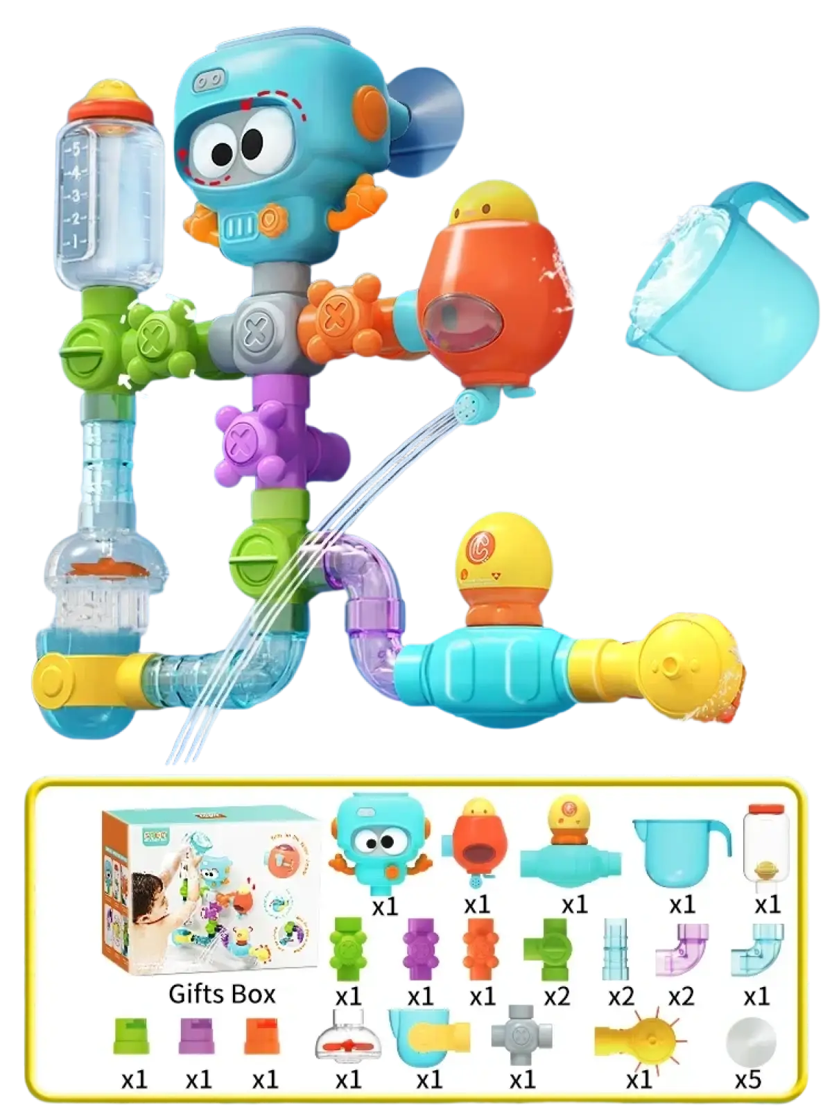 Diy bath pipe water toy set featuring blue and orange robot-themed bath toys with colorful pipes connectors and suction cups
