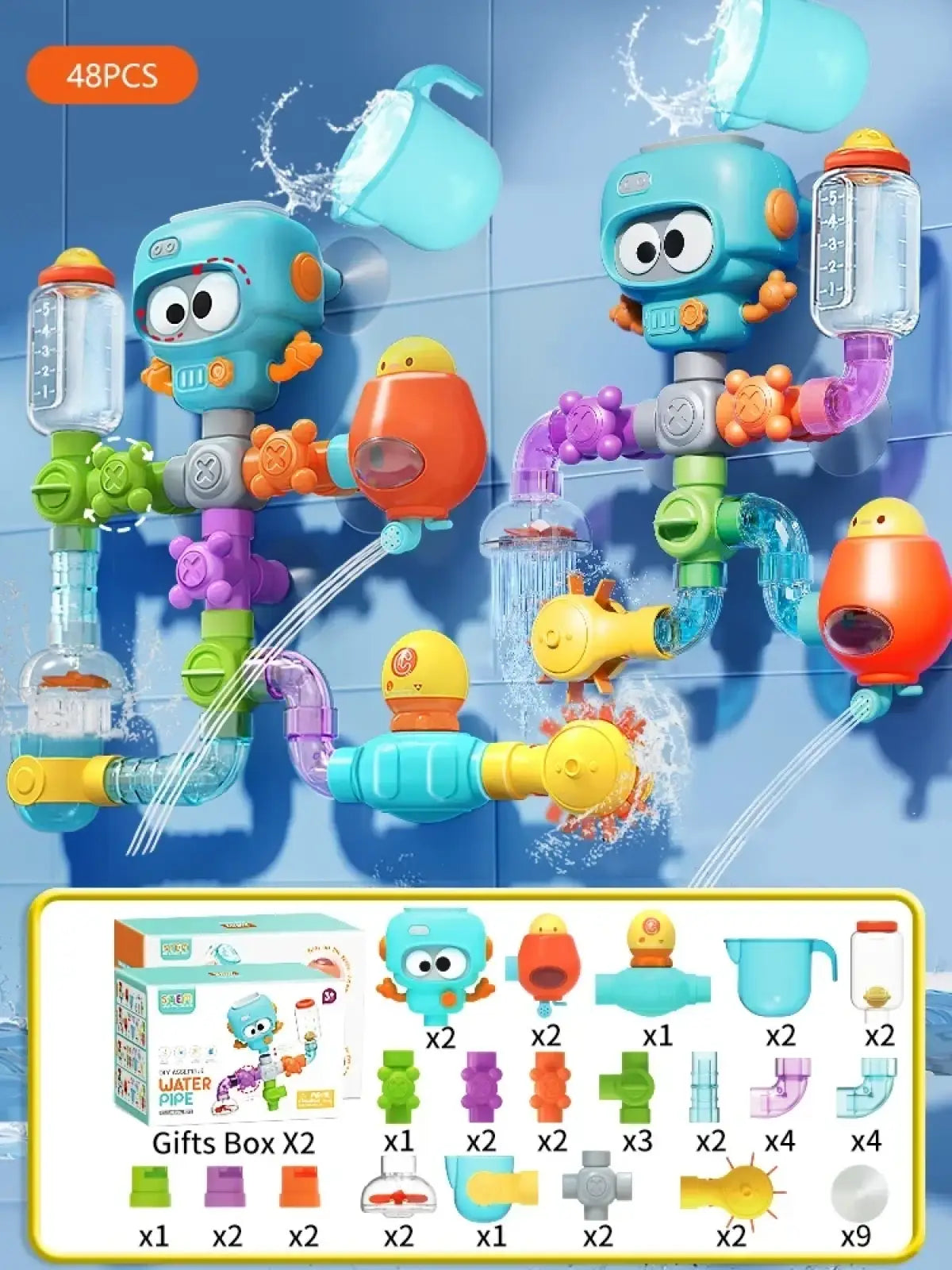Colorful diy bath pipe water toy with suction cups featuring translucent and opaque plastic robotic-themed components