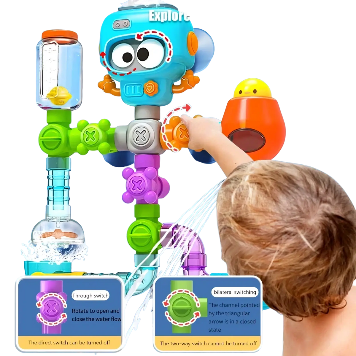 Diy bath pipe water toy made of blue and green plastic robot shape with orange accents and suction cups for water play