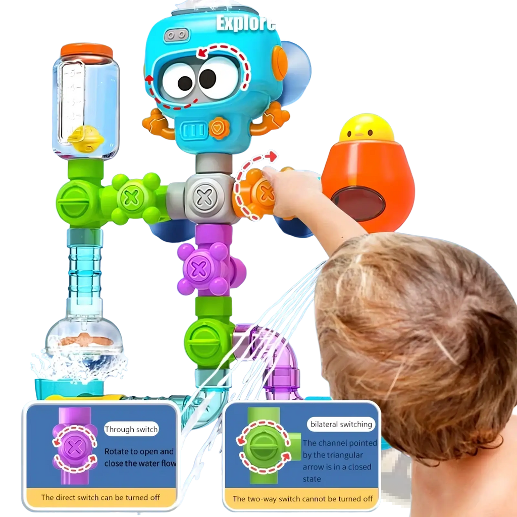 Diy bath pipe water toy made of blue and green plastic robot shape with orange accents and suction cups for water play