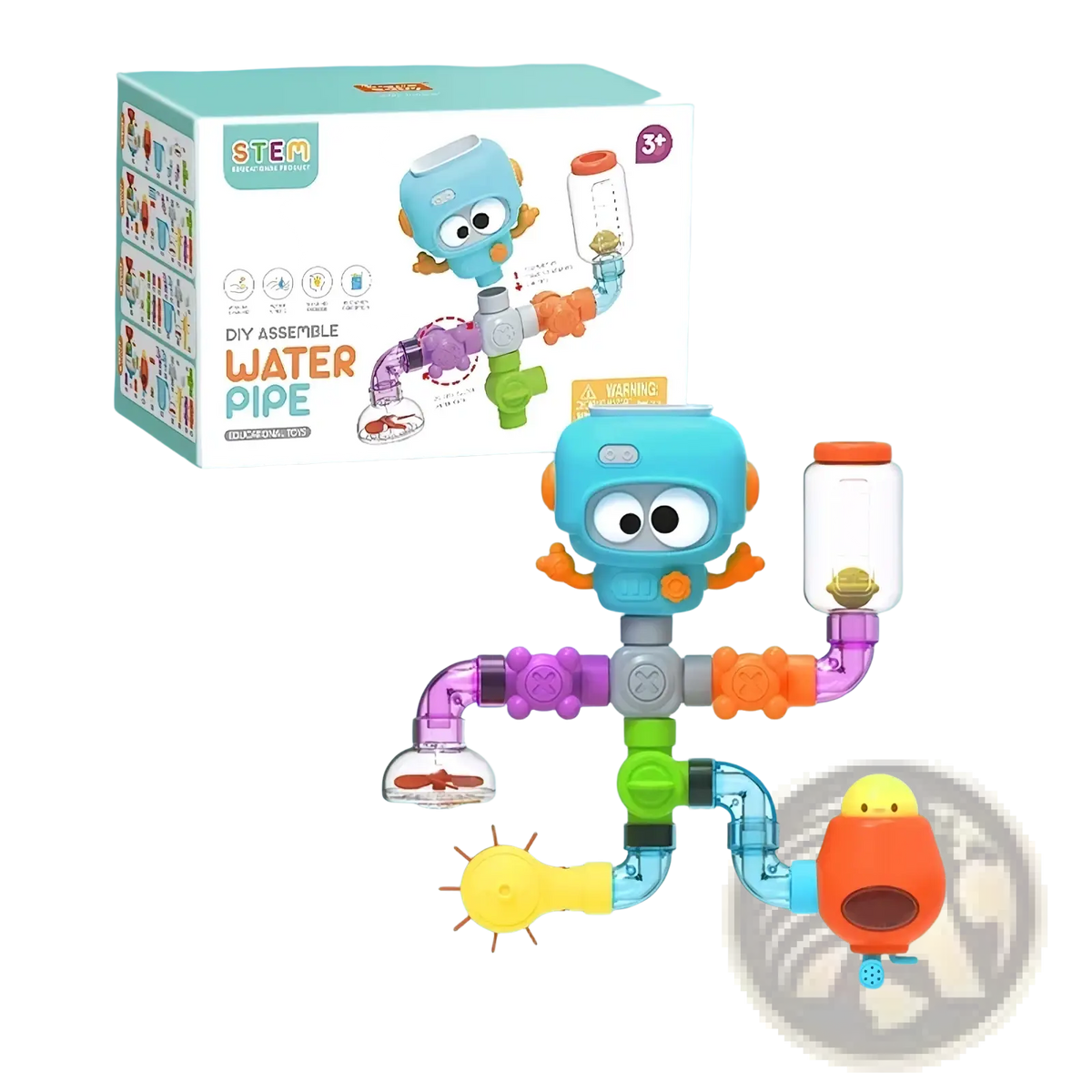 Diy bath pipe water toy with suction cups featuring a colorful modular design with blue robot and translucent pipes