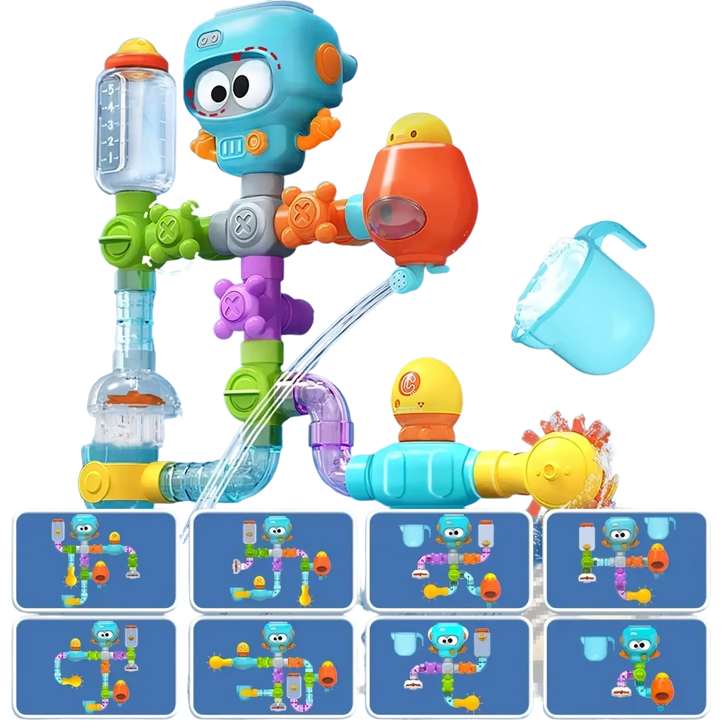 Colorful plastic diy bath pipe water toy with suction cups featuring robot and animal-themed assembly components