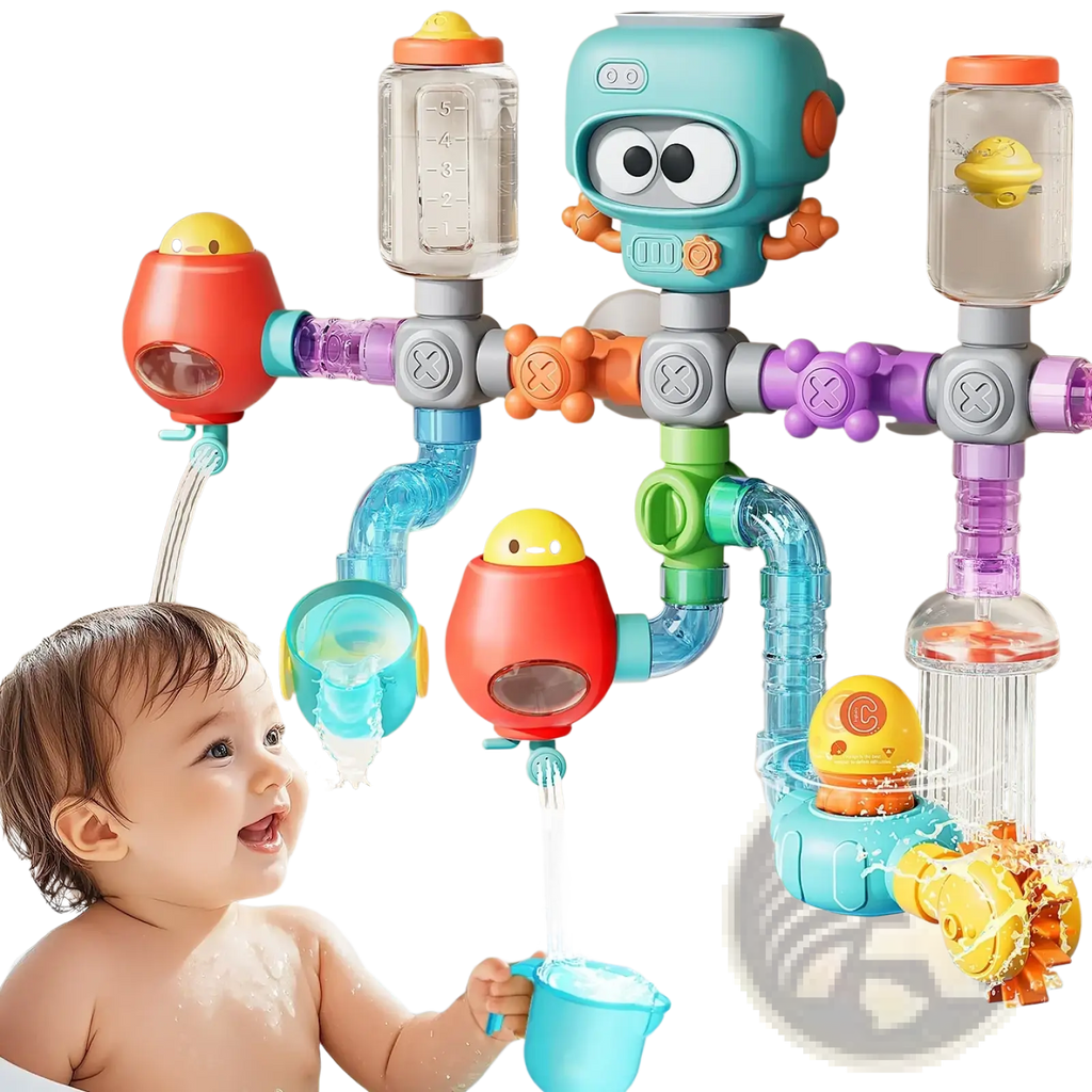 Colorful plastic diy bath pipe water toy with robot centerpiece suction cups detachable funnels pipes and duck dispensers