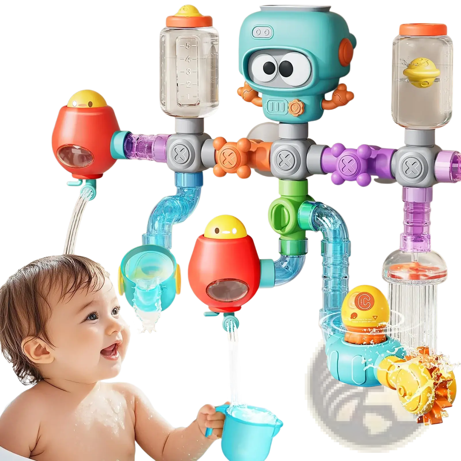 Colorful plastic diy bath pipe water toy with robot centerpiece suction cups detachable funnels pipes and duck dispensers