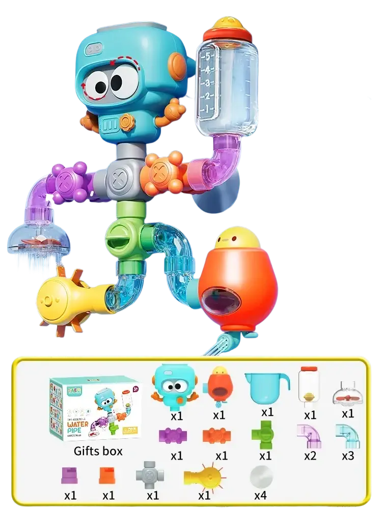 Diy bath pipe water toy with suction cups featuring a colorful robot design with turquoise head and orange limbs connected by tubes