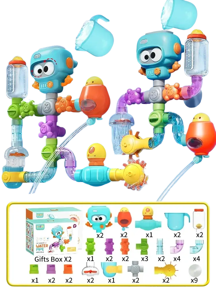 Colorful diy bath pipe water toy with suction cups featuring translucent and opaque plastic robotic-themed components