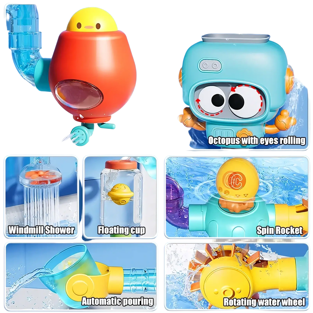 Diy bath pipe water toy with suction cups featuring colorful cartoon-themed bath toys and an orange yellow mini showerhead