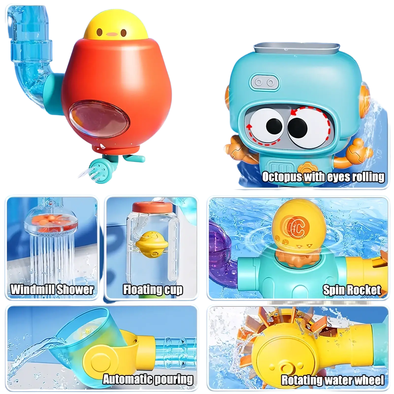 Diy bath pipe water toy with suction cups featuring colorful cartoon-themed bath toys and an orange yellow mini showerhead