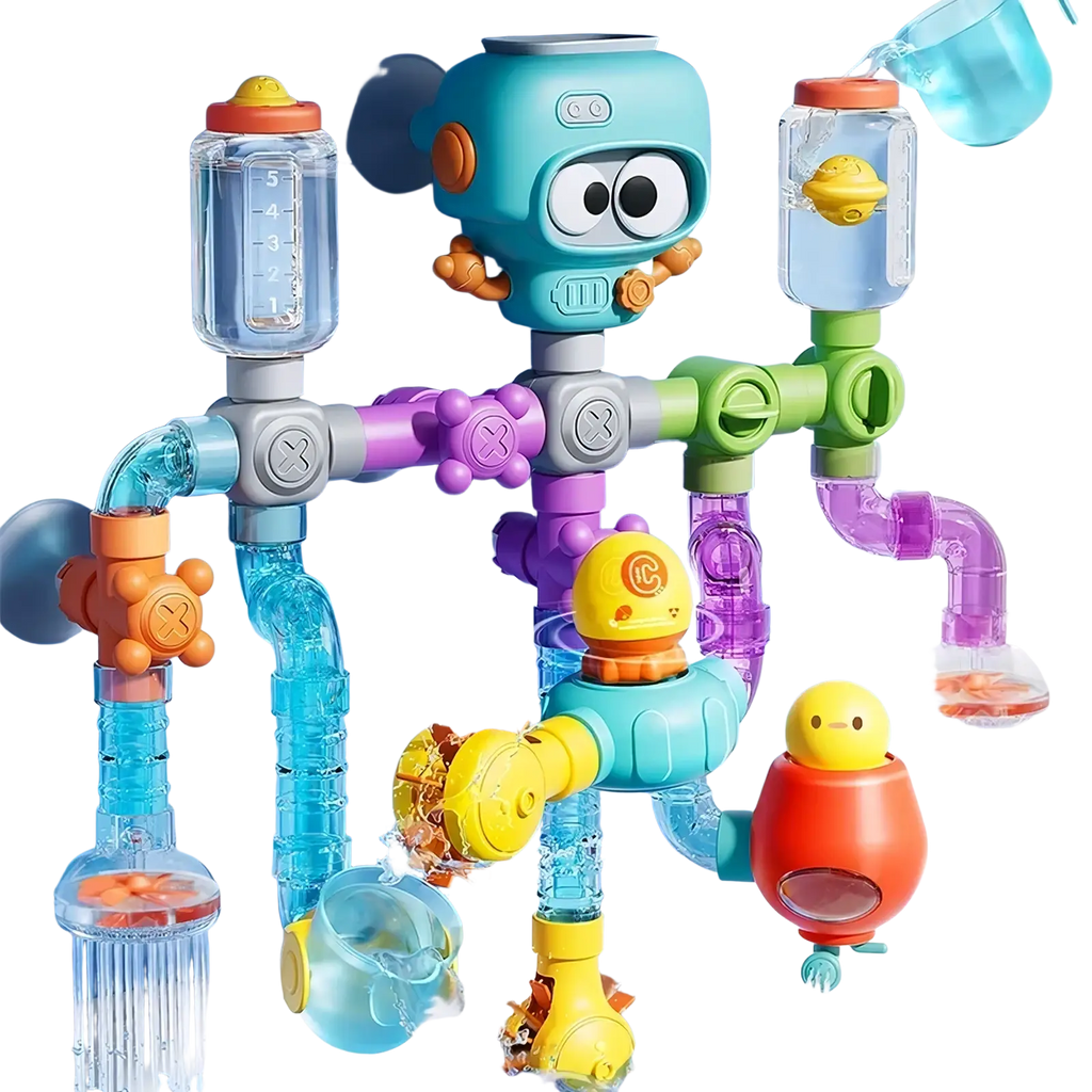 Diy bath pipe water toy in turquoise with orange and purple pipes featuring suction cups and colorful floating figures
