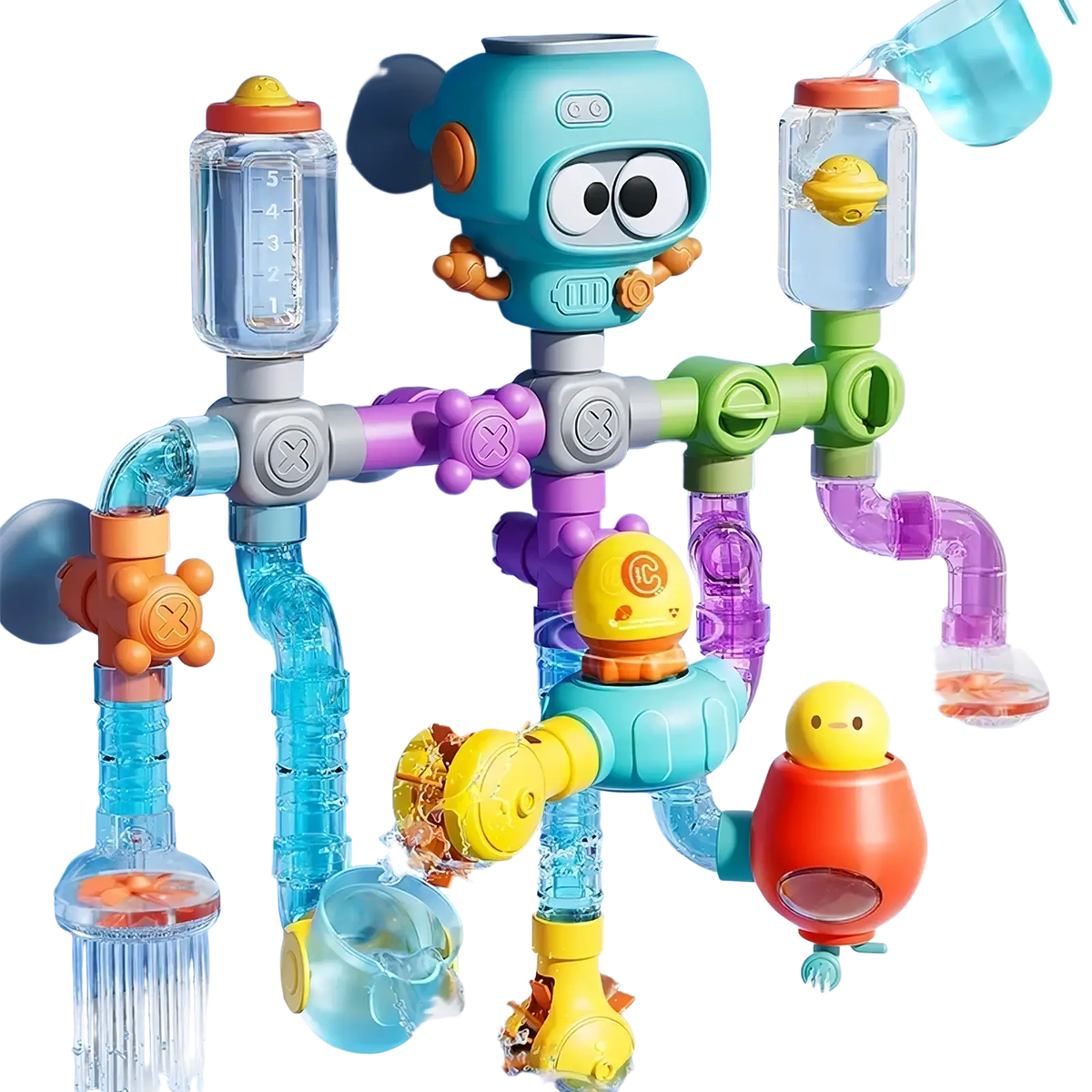 Diy bath pipe water toy in turquoise with orange and purple pipes featuring suction cups and colorful floating figures