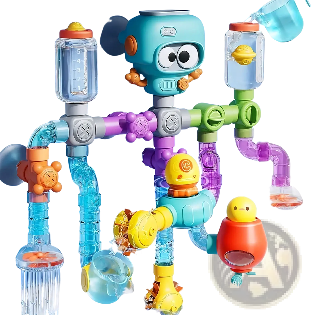 Diy bath pipe water toy in turquoise with orange and purple pipes featuring suction cups and colorful floating figures