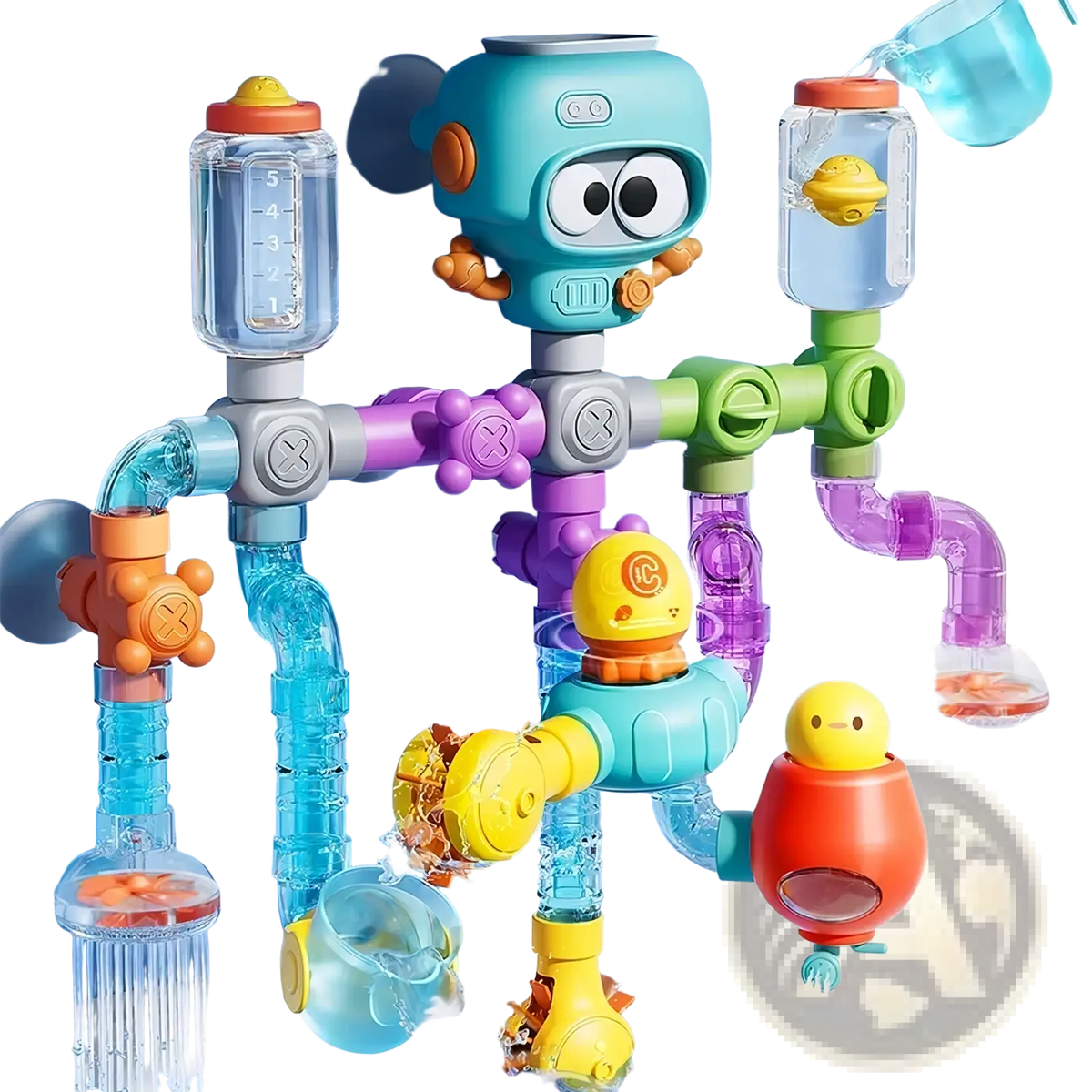 Diy bath pipe water toy in turquoise with orange and purple pipes featuring suction cups and colorful floating figures