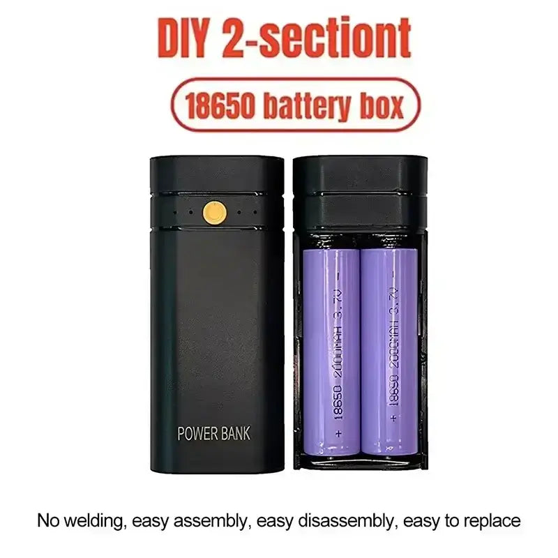 Black diy charging box for dual 18650 batteries with gold accent button and transparent side panel showing purple cells