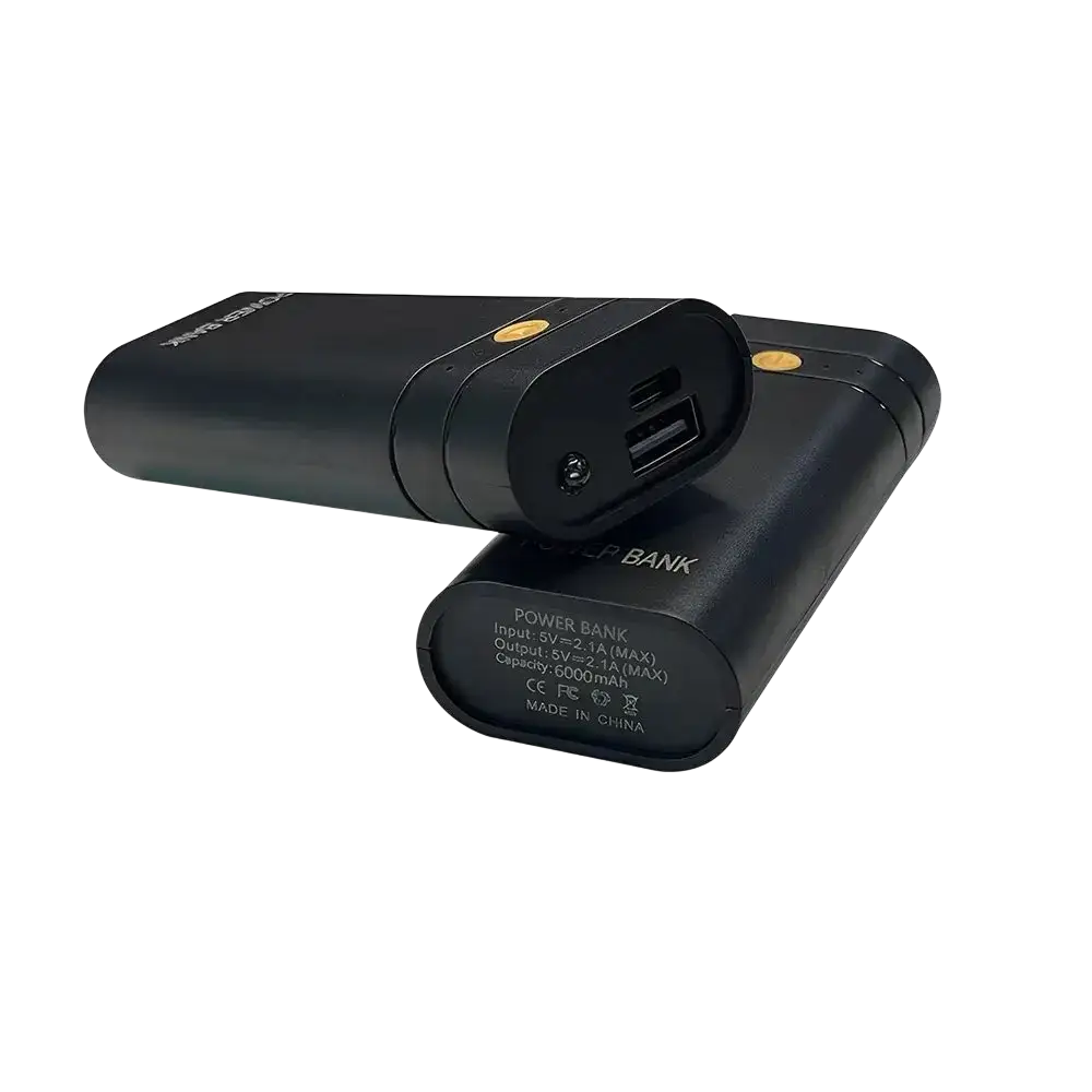 Black cylindrical diy charging box for dual 18650 batteries with usb type-c port and gold circular accents