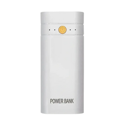 White rectangular diy charging box power bank with gold power button and four indicator dots for dual 18650 batteries usb type c