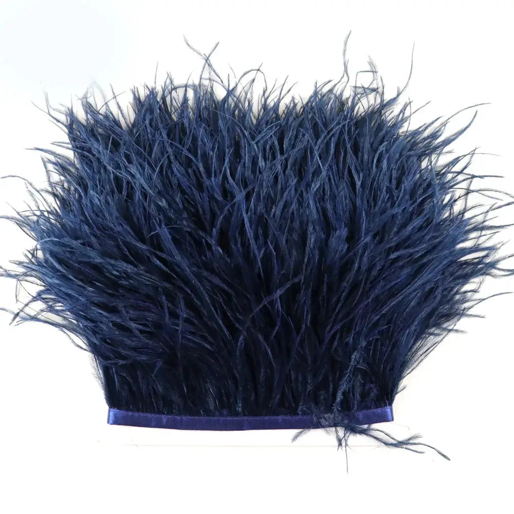 Dark blue feather trim with satin ribbon base premium feather fringe and ostrich trim for diy fashion projects