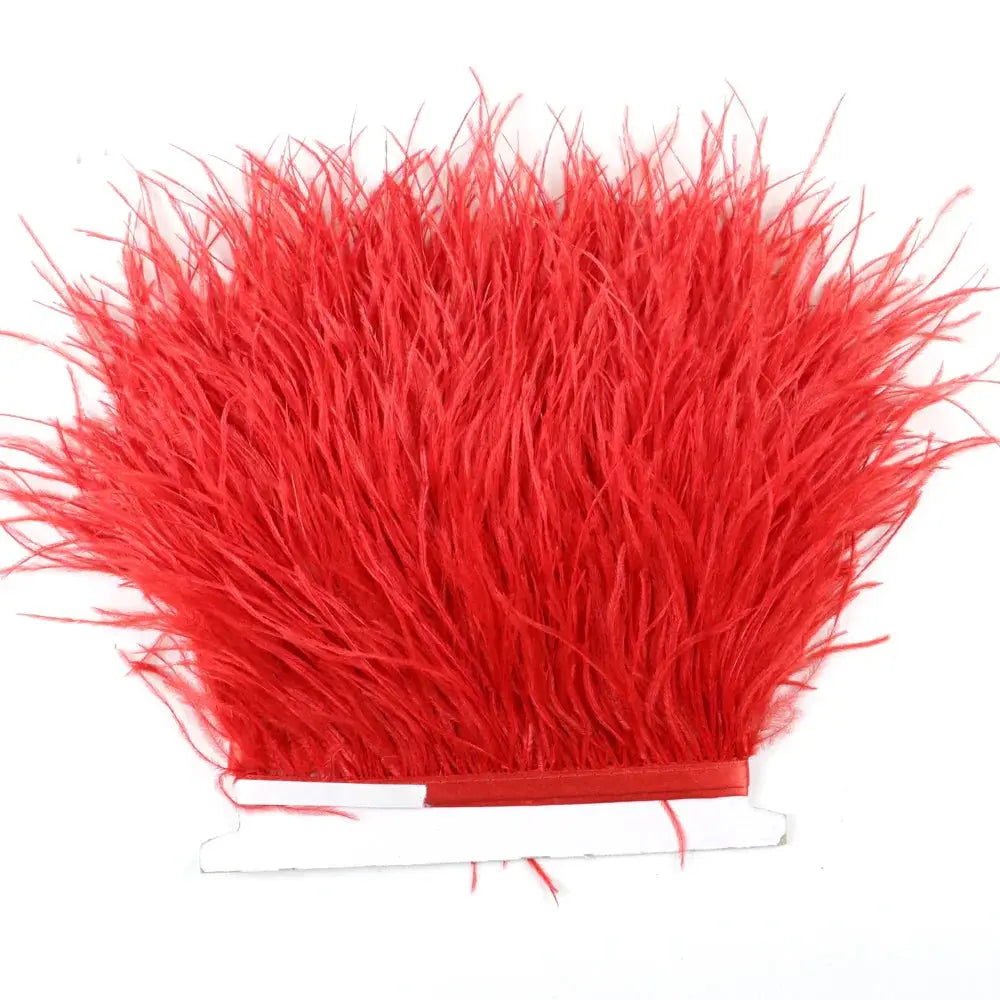 Premium feather fringe and ostrich trim with vibrant red dense fluffy feathers and a neatly bound base for diy fashion