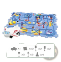 Diy electric track puzzle car city scene education toy with blue space-themed puzzle mat and white toy airplane with red stripes and eyes
