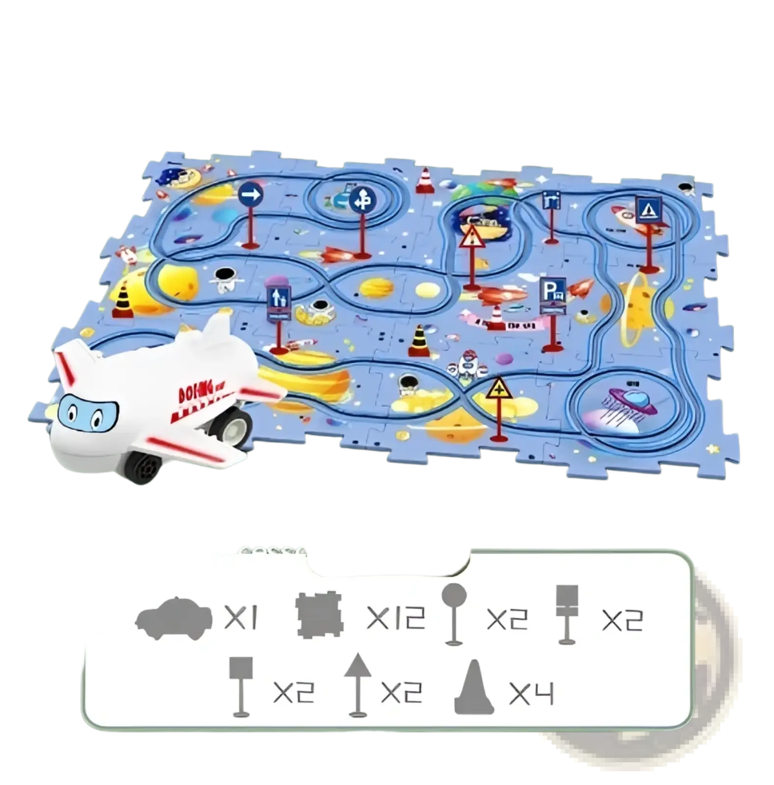 Diy electric track puzzle car city scene education toy with blue space-themed puzzle mat and white toy airplane with red stripes and eyes