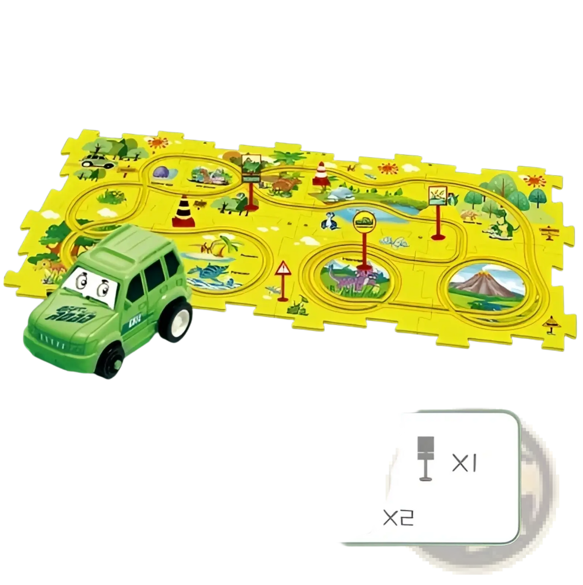 Green diy electric toy car with cartoon eyes and black tires on yellow dinosaur-themed puzzle track for education