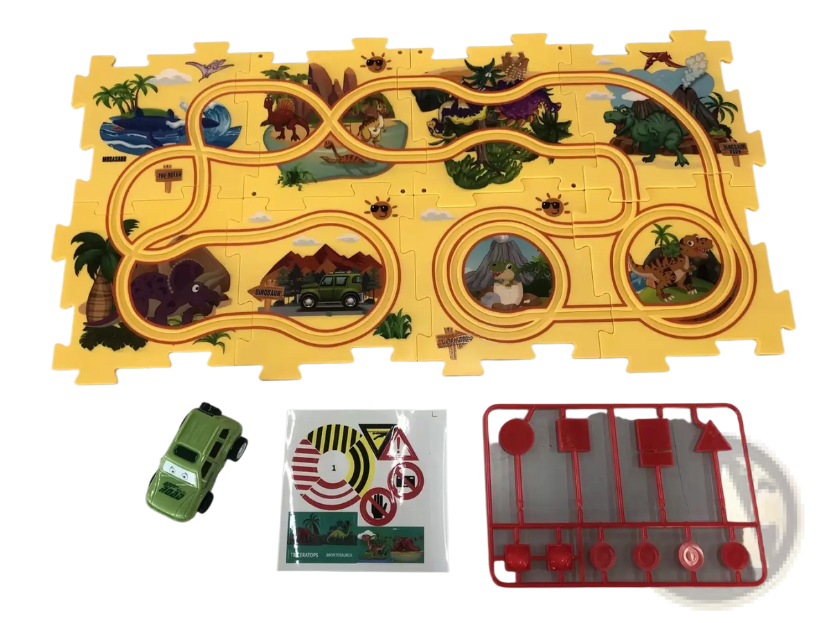 Yellow dinosaur-themed electric track puzzle with green toy car and red plastic shapes for educational play