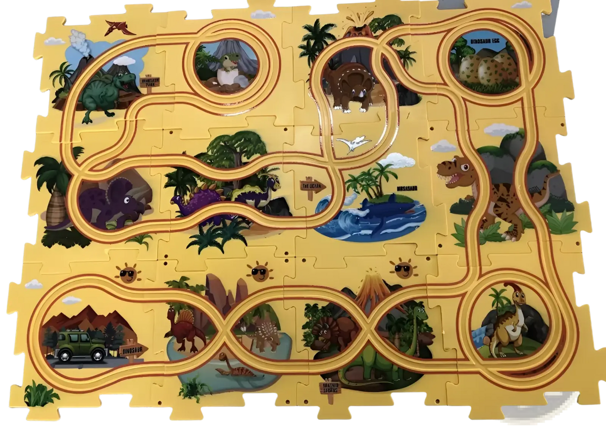 Yellow dinosaur-themed diy electric track puzzle play mat with winding track and colorful prehistoric illustrations