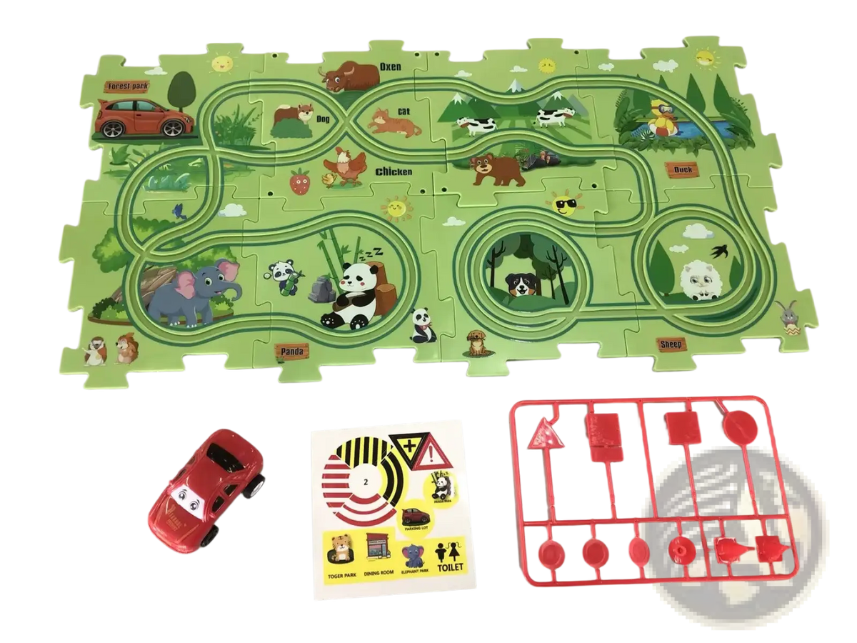 Green wooden diy electric track puzzle featuring cartoon animals roads and a red plastic toy car for education play