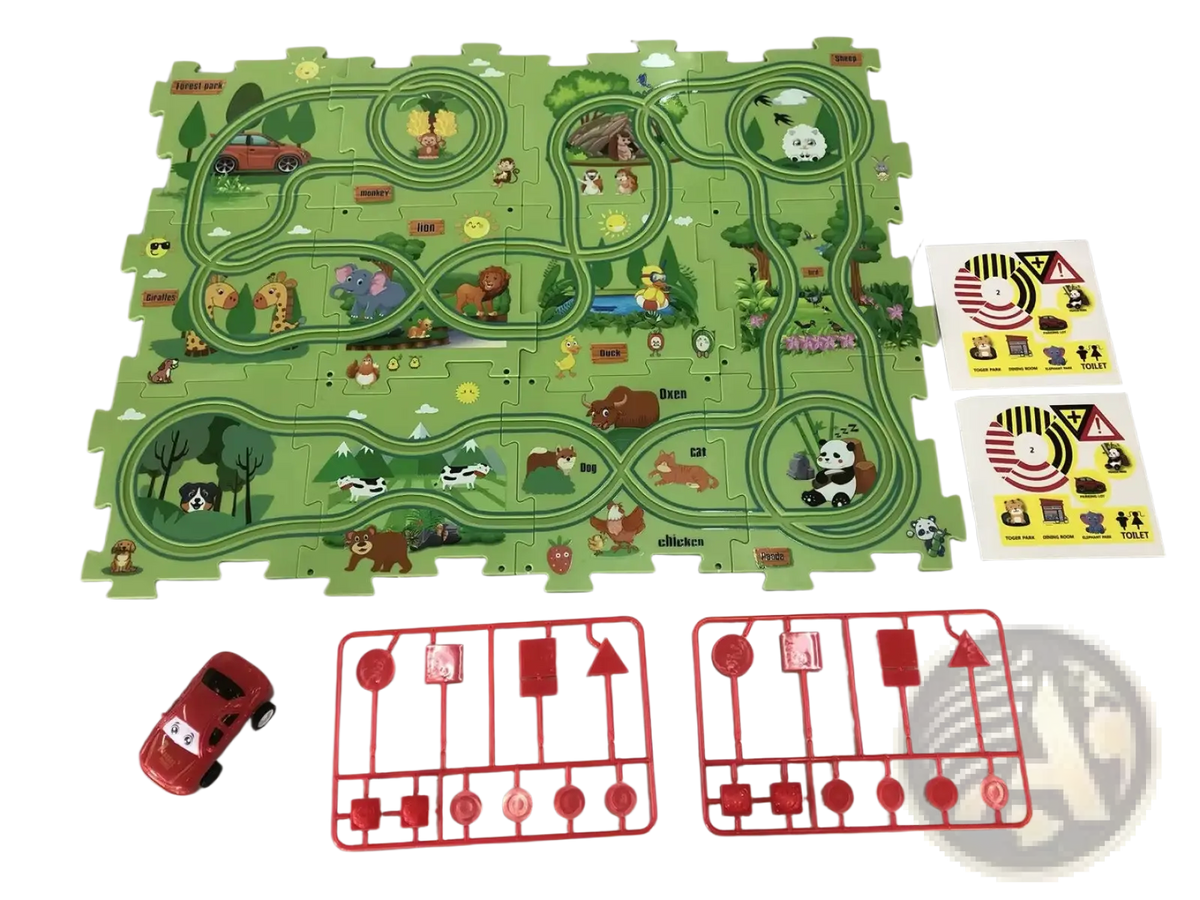 Diy electric track puzzle car city scene education toy with green animal-themed board, red car, road signs, and tokens