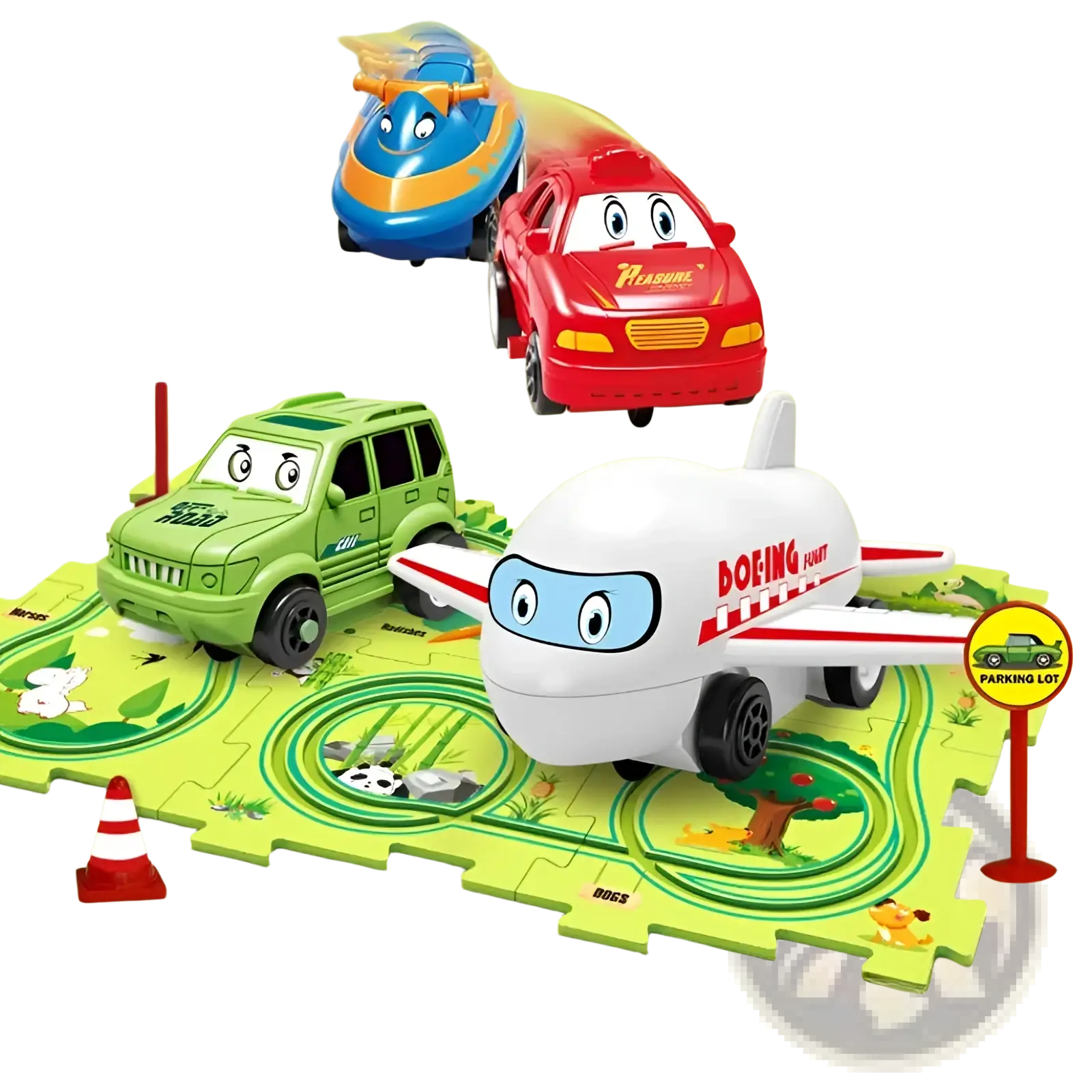 White boeing airplane toy with red stripes and cartoon eyes for diy electric track puzzle car city scene education toy