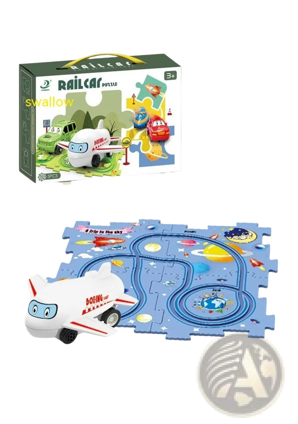 Diy electric track puzzle car city scene education toy featuring a white airplane toy with red stripes and black wheels