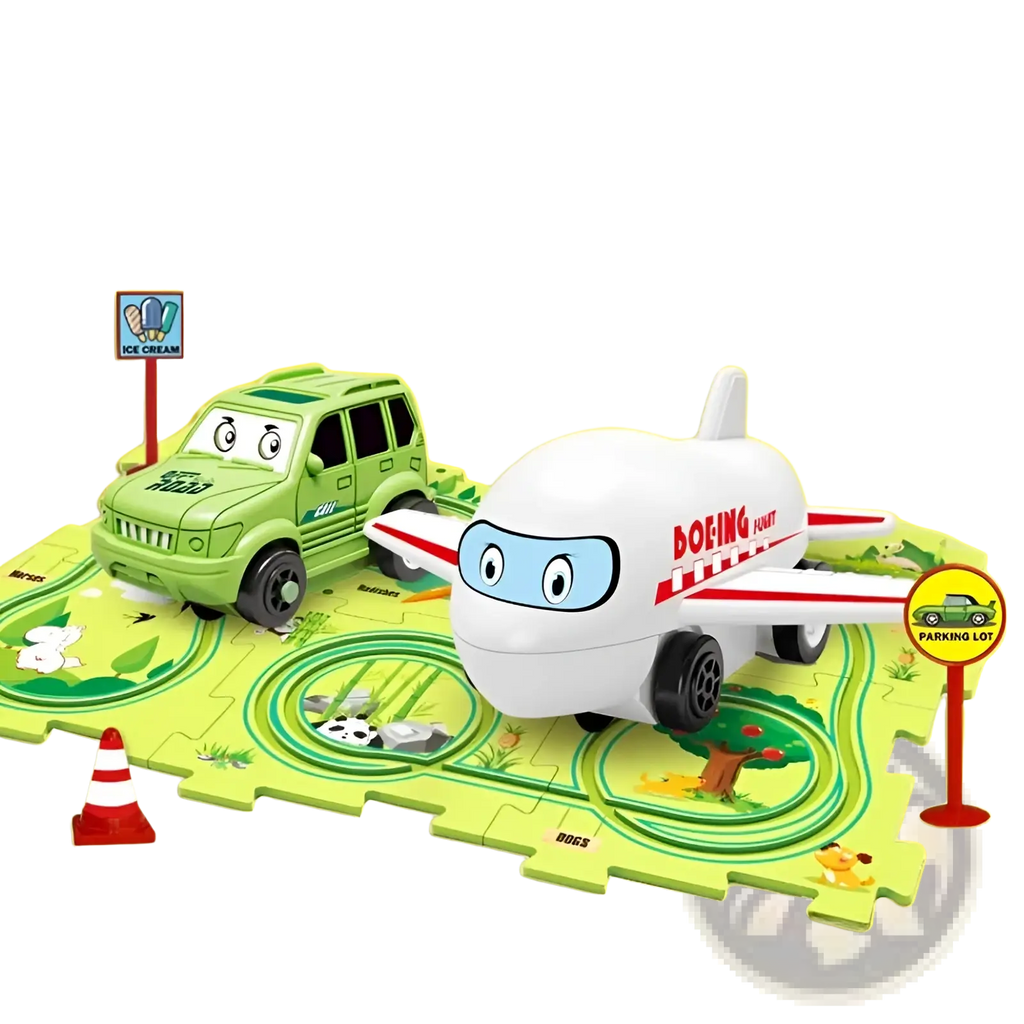 Diy electric track puzzle car city scene education toy featuring a white boeing puzzle car with red stripes and cartoon eyes