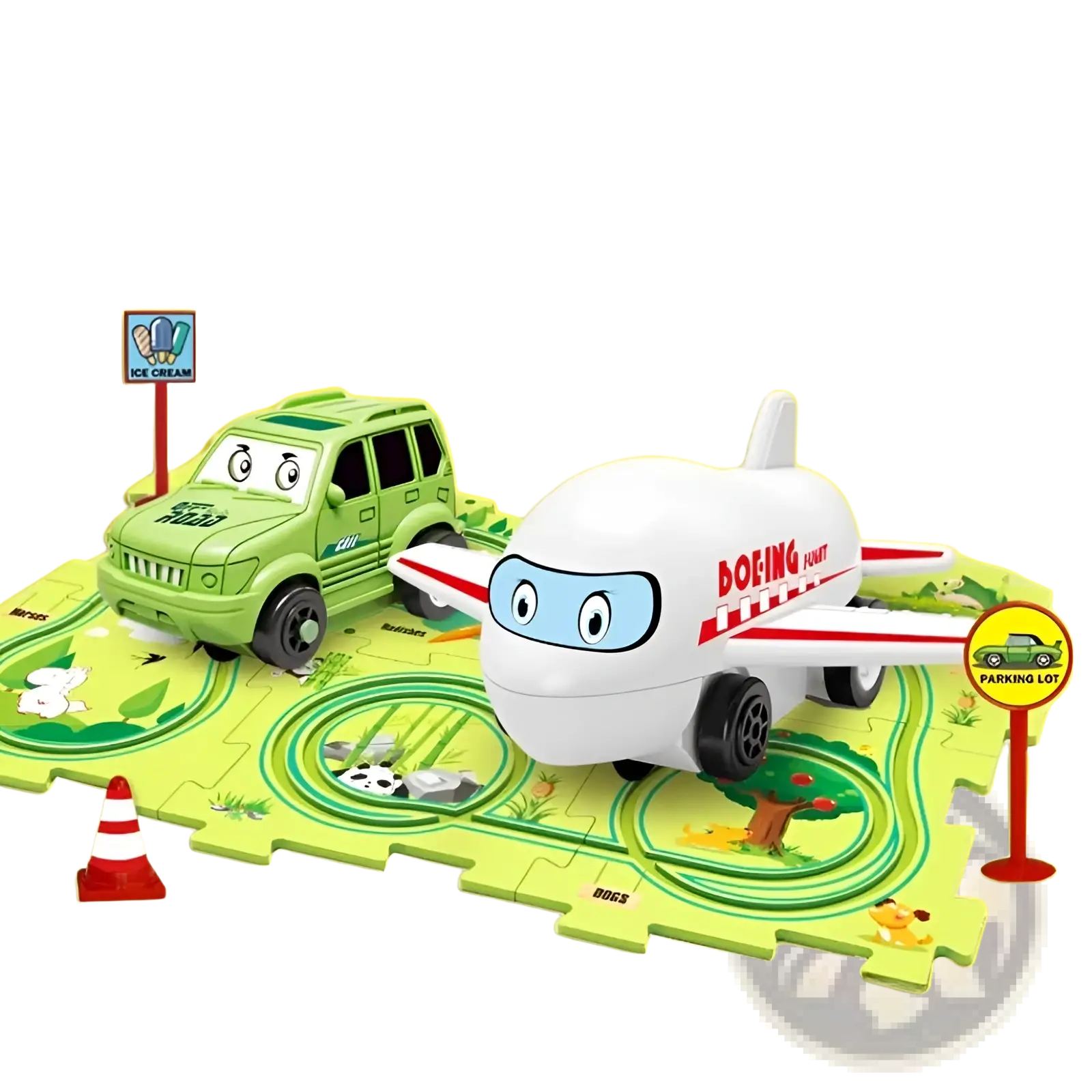 Diy electric track puzzle car city scene education toy featuring a white boeing puzzle car with red stripes and cartoon eyes