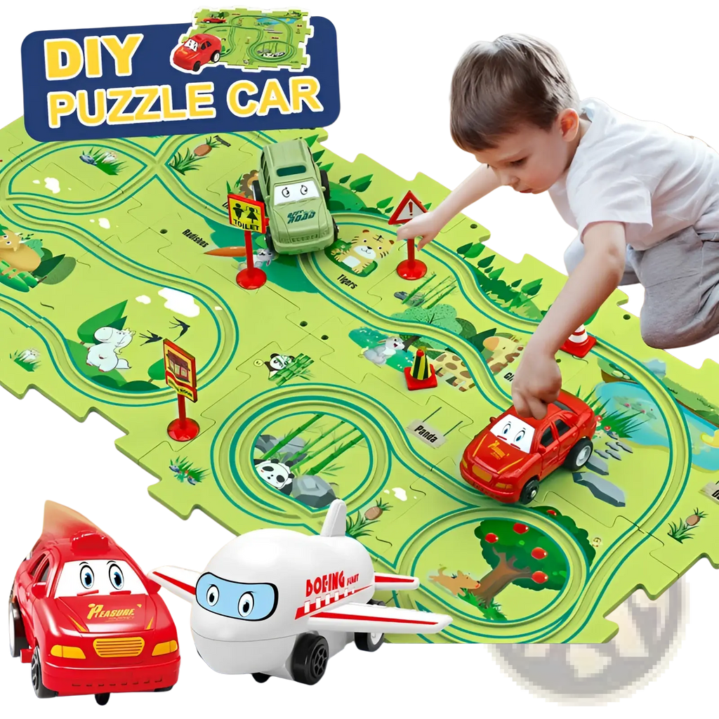 Red and white diy electric track puzzle toy featuring a boeing 737 model airplane for educational city play