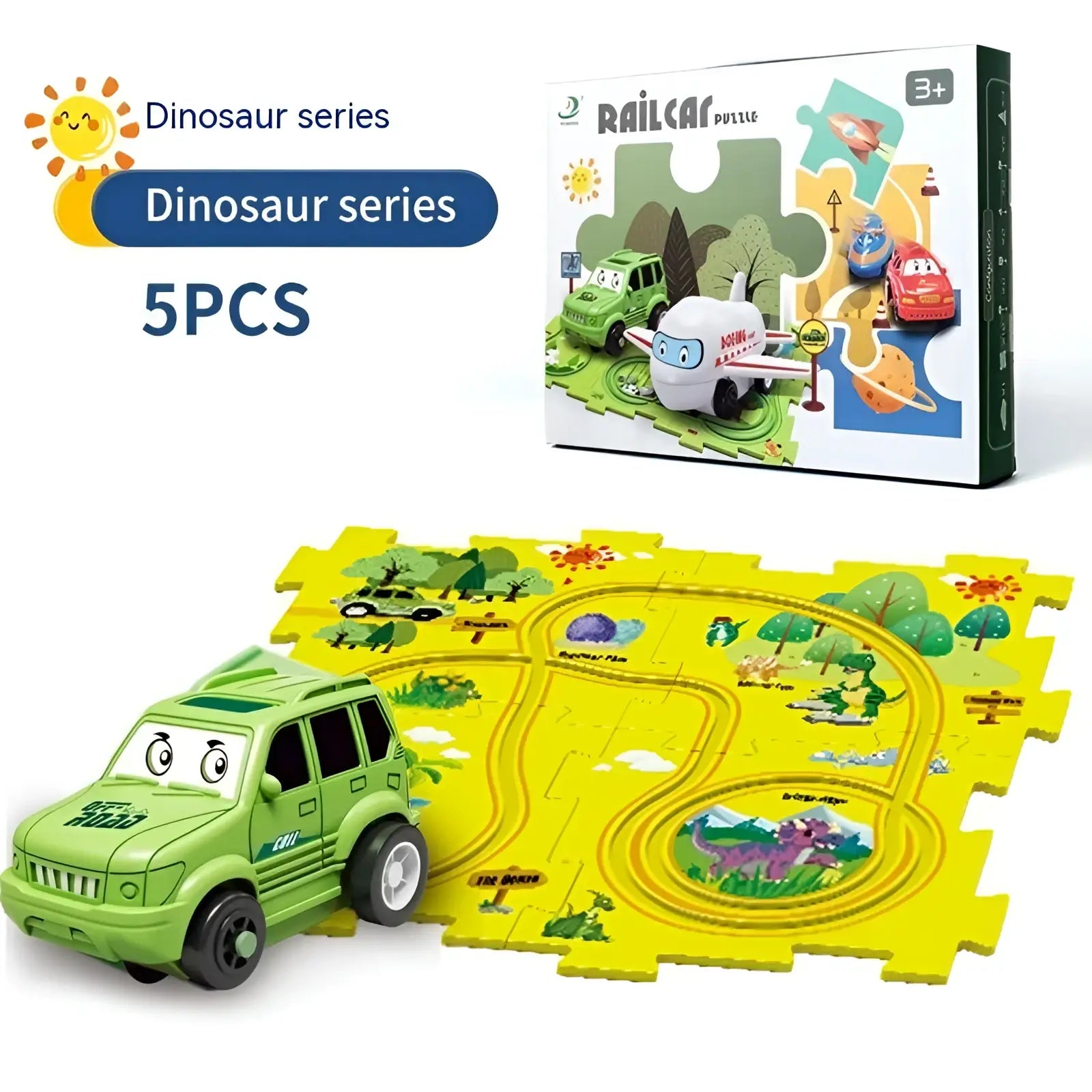 Green plastic diy electric track puzzle car with black wheels and cartoon eyes for educational city scene play