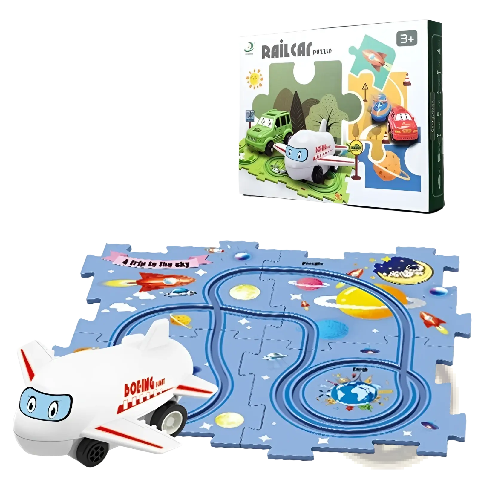 White and red diy electric track puzzle car city scene toy airplane with black wheels and cartoon face on cockpit