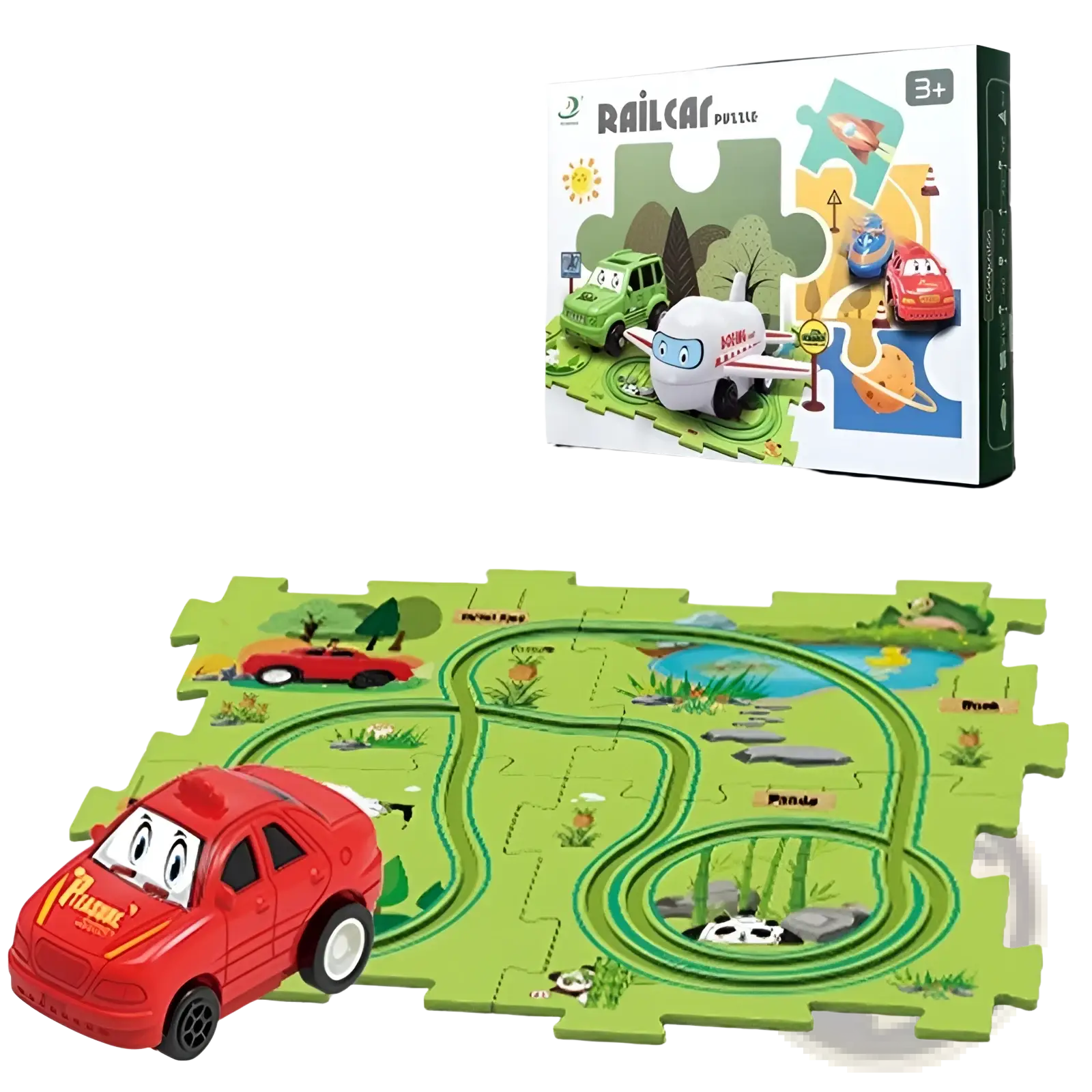 Red plastic diy electric track puzzle car with black wheels and cartoon eyes for educational city scene play