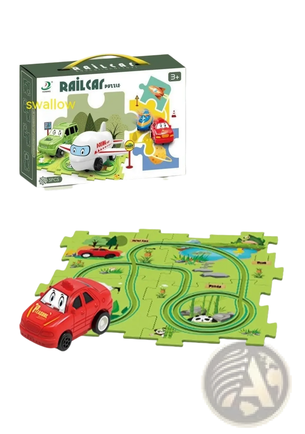 Red toy car with a smiling face and puzzle text on its side from diy electric track puzzle car city scene education toy set