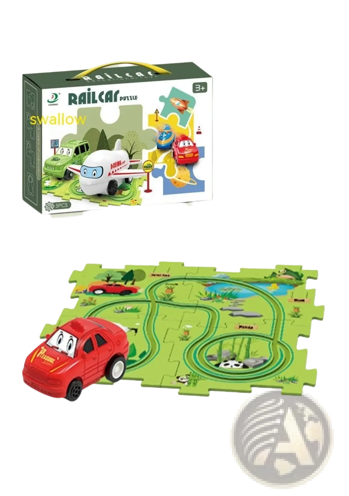 Red toy car with a smiling face and puzzle text on its side from diy electric track puzzle car city scene education toy set