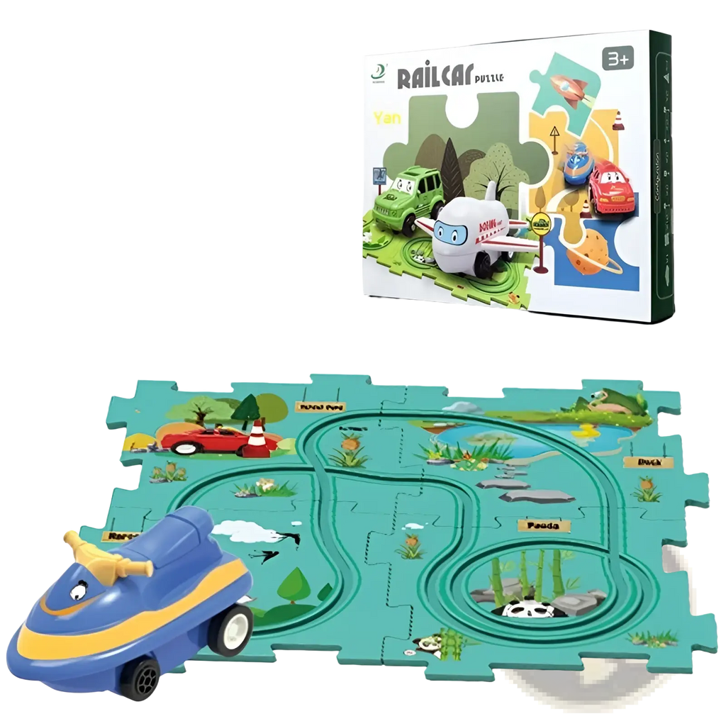 Blue and yellow toy jet with black wheels on teal ocean-themed puzzle track for diy electric track puzzle car city scene education toy