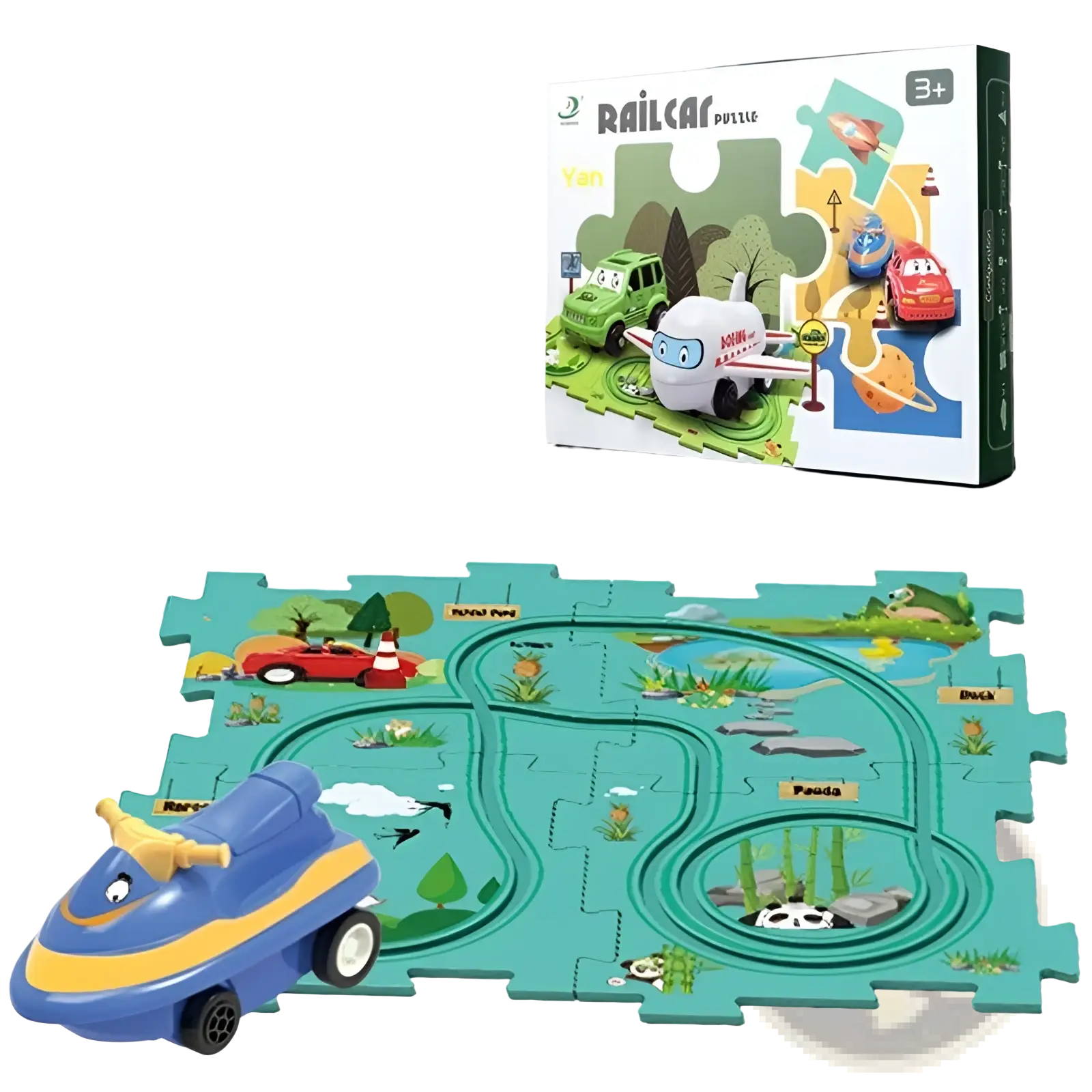 Blue and yellow toy jet with black wheels on teal ocean-themed puzzle track for diy electric track puzzle car city scene education toy